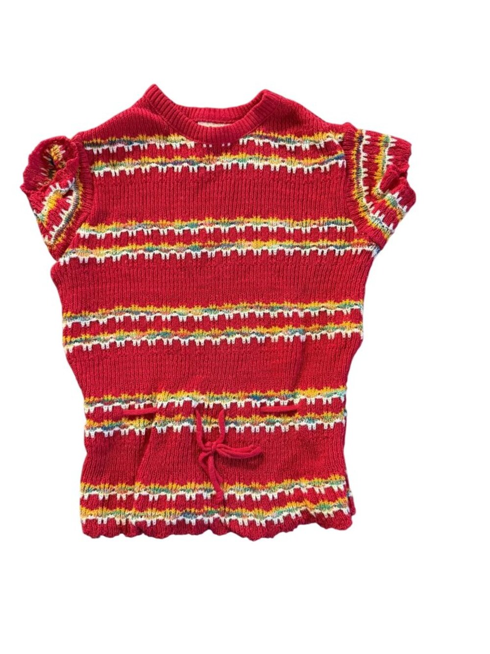 Vintage Aileen Girls Red Knit Sweater Top Size 14 Multicolor Striped Design Shor